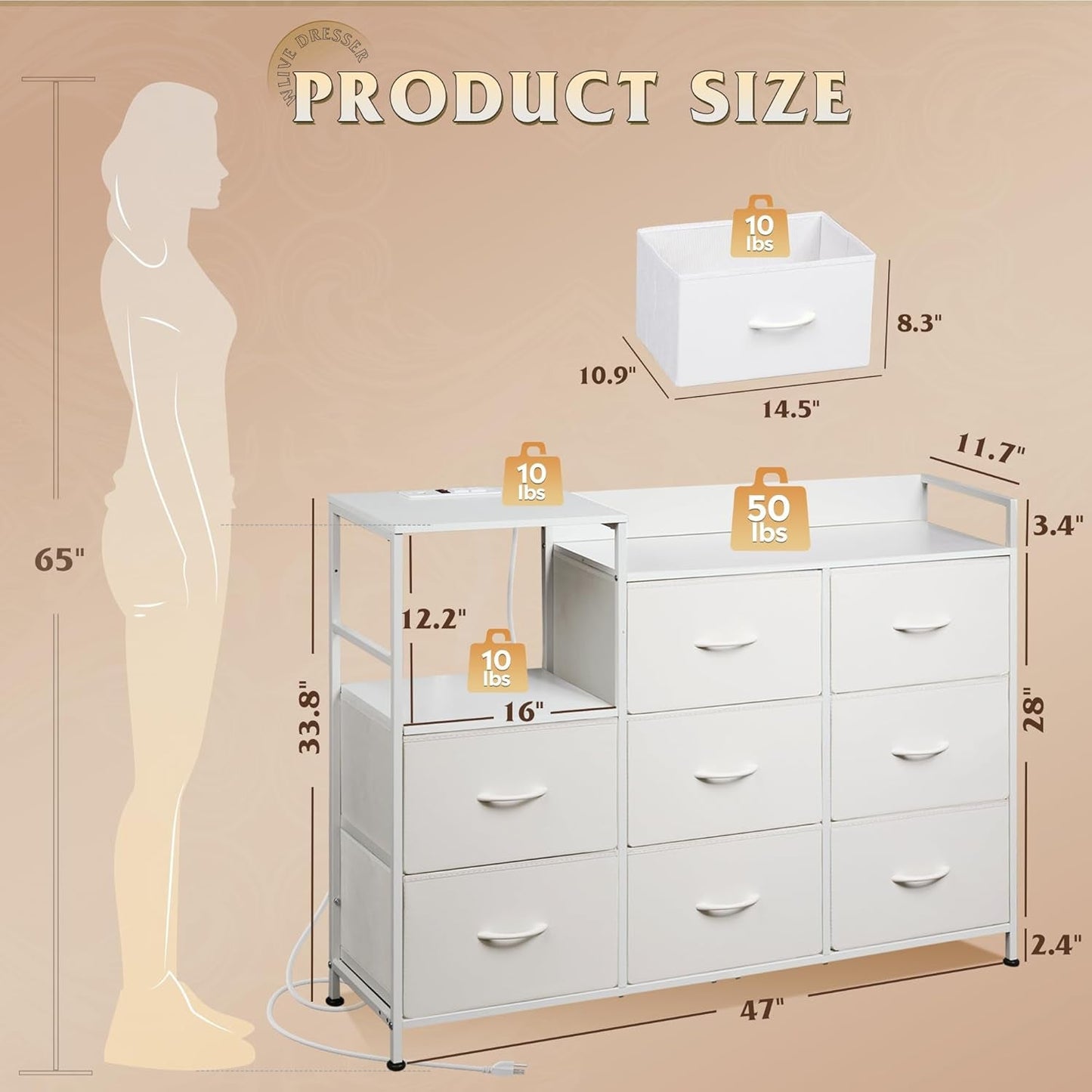 White Dresser TV Stand for Bedroom with Charging Station and Open Shelves, Fabric Dresser with 8 Drawers and Wood Top, Wide Storage Chest of Drawers for Living Room, Hallway-2