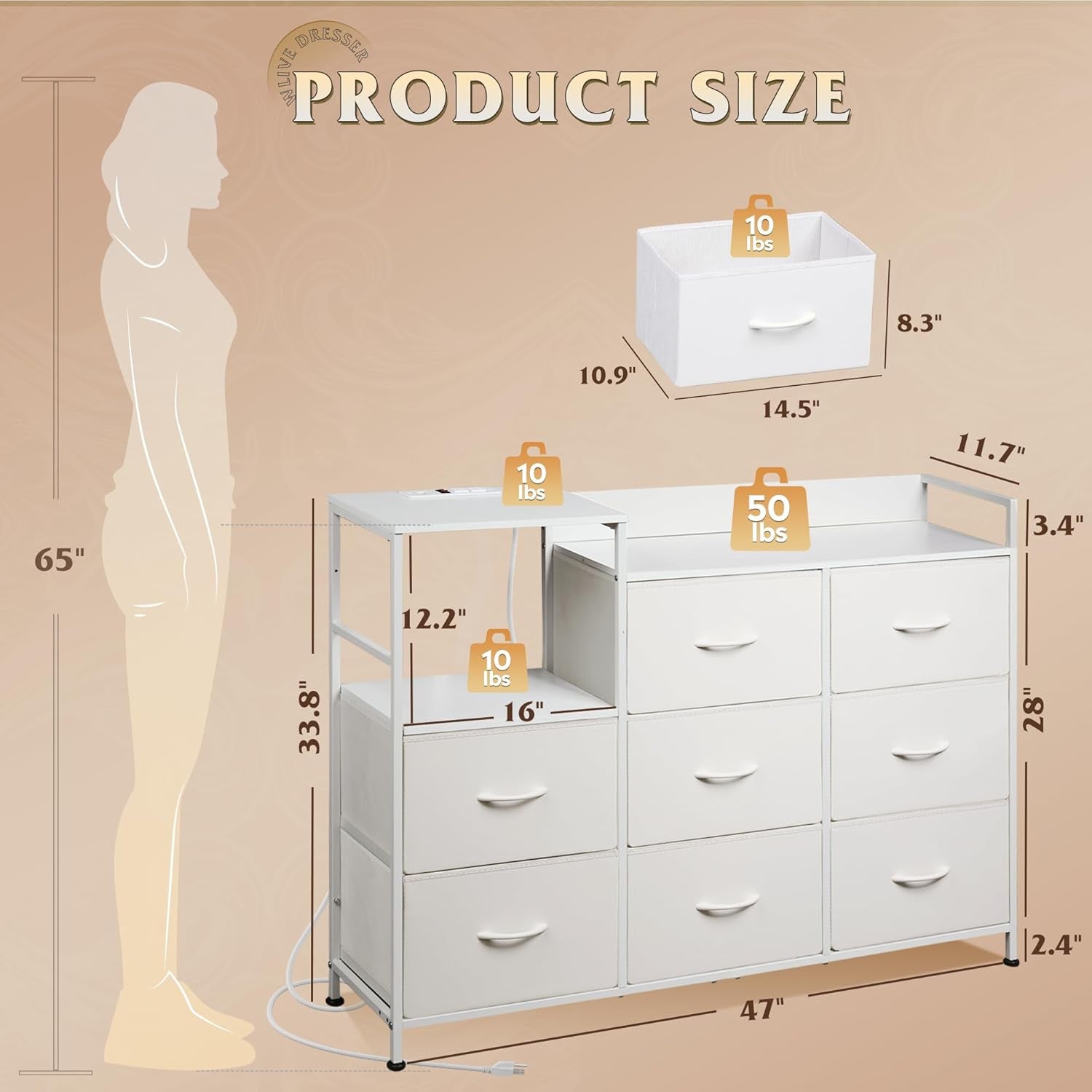 White Dresser TV Stand for Bedroom with Charging Station and Open Shelves, Fabric Dresser with 8 Drawers and Wood Top, Wide Storage Chest of Drawers for Living Room, Hallway-2