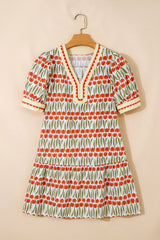 Floral Tulip Stripe Short Puff Sleeve Mini Dress