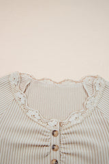 Solid Ribbed Lace Neckline Long Sleeve Top