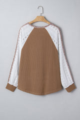 豹纹罗纹蕾丝拼接长袖上衣