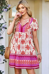 Rose Boho Floral Short Sleeve Tie V Neck Mini Dress