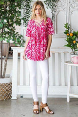 Heimish Full Size Short Sleeve Crisscross Animal Babydoll Top Plus Size