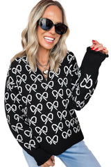 Black Cute Bow Pattern Drop Shoulder Zipped Collar Sweater - Femstylo