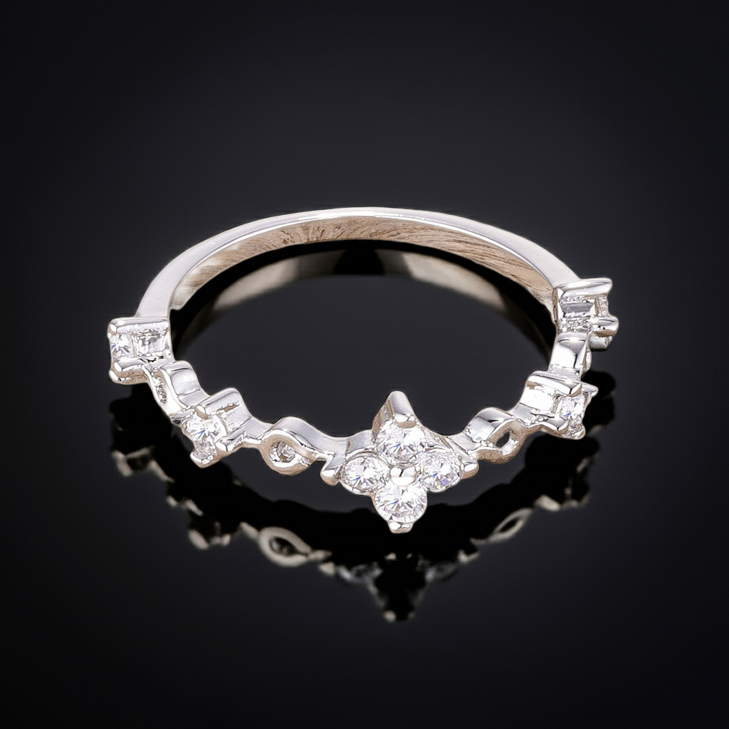 .24Ct Rhodium Plated Clear CZ Mini Floral Half Eternity Stackable Band