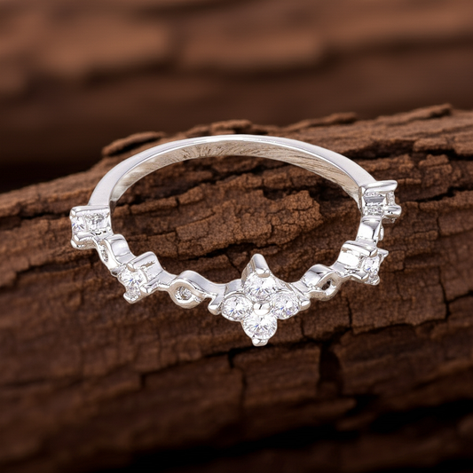 .24Ct Rhodium Plated Clear CZ Mini Floral Half Eternity Stackable Band