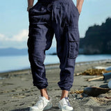Men's Casual Ankle-tied Multi-pocket Tether Solid Color Loose Pants