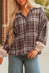 Plaid Quarter-Button Patchwork Long Sleeve Hooded Blouse