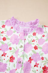 Floral Stripe Trim Frilled Neck 3/4 Sleeve Dress
