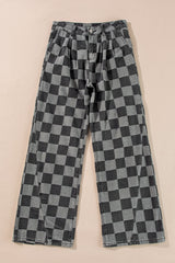 Checker Denim Wide Leg Jeans