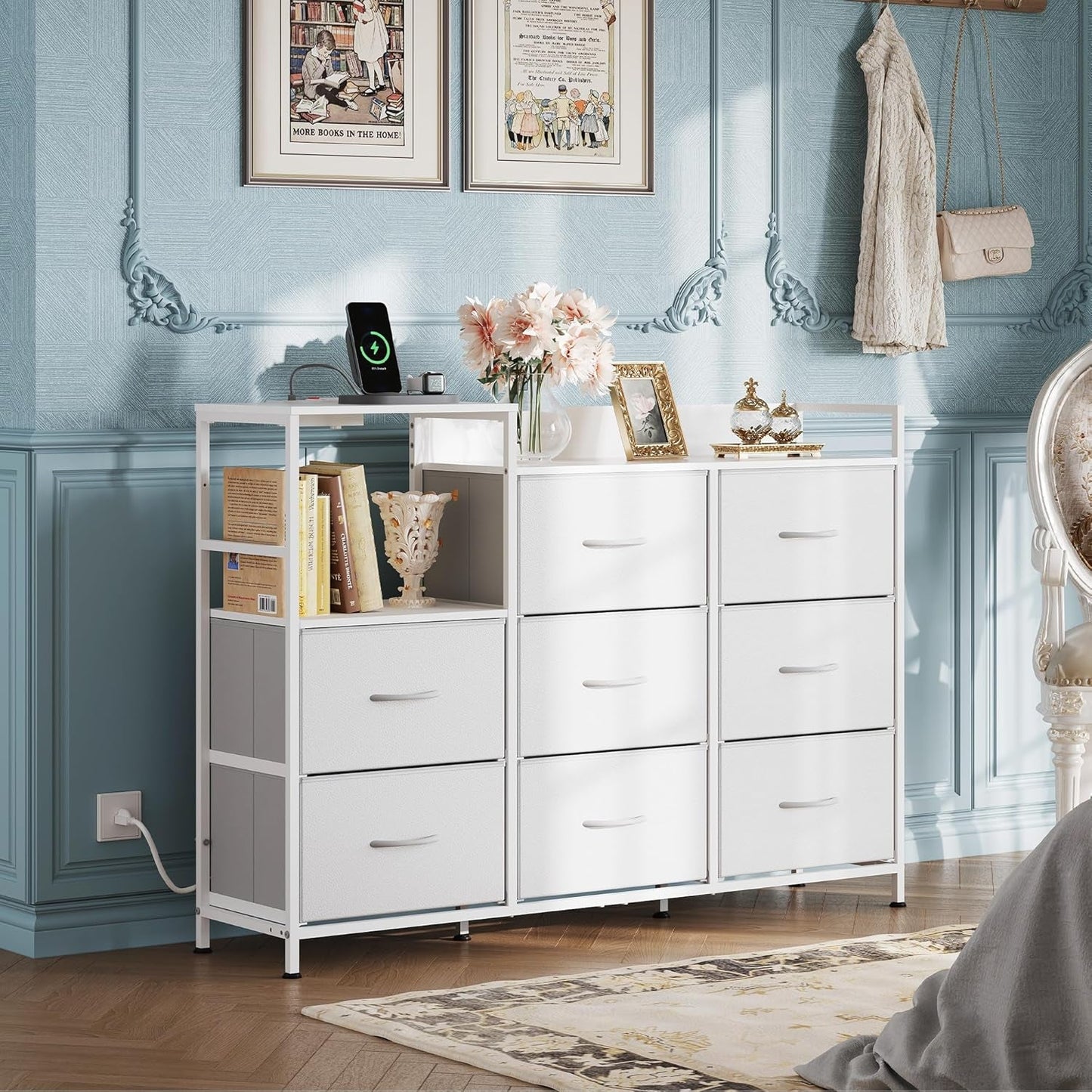 White Dresser TV Stand for Bedroom with Charging Station and Open Shelves, Fabric Dresser with 8 Drawers and Wood Top, Wide Storage Chest of Drawers for Living Room, Hallway-3