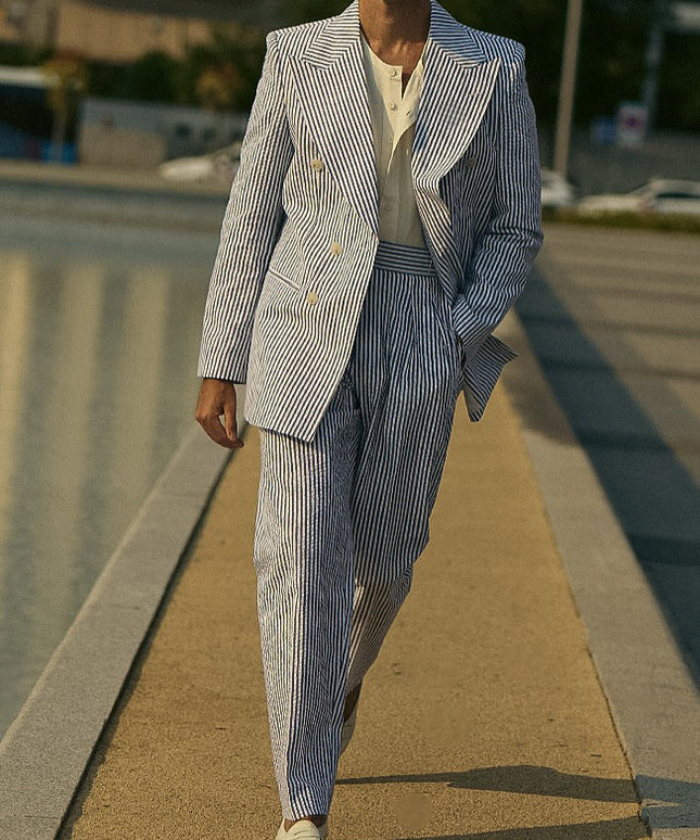 Men's Blue And White Striped Suit Set