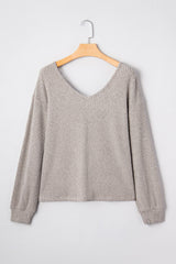 Bow Back Ribbed Knit V-Neck Drop Shoulder Top