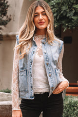 Denim Button-Front Scallop Trim Patch Pocket Vest