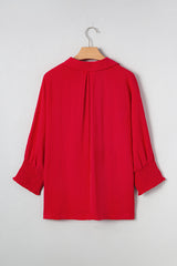 Solid Collared V-Neck Smocked 3/4 Sleeve Top