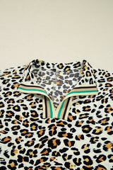 Leopard Contrast Stripe V-Neck Long Sleeve Blouse