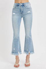 RISEN Full Size Raw Hem Distressed Cropped Flare Jeans Plus Size