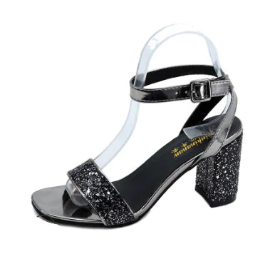 Classic Style Open Toe Chunky Heel Rhinestone Pumps