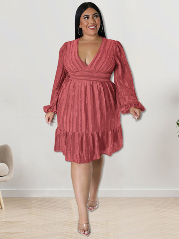 Plus Size Classic Jacquard V-Neck Sexy Long-Sleeved Mini Dress