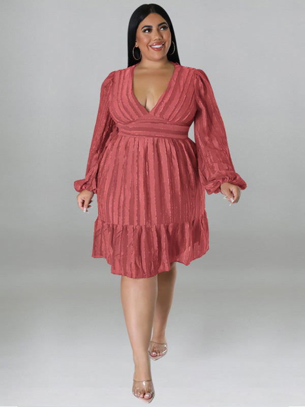 Plus Size Classic Jacquard V-Neck Sexy Long-Sleeved Mini Dress