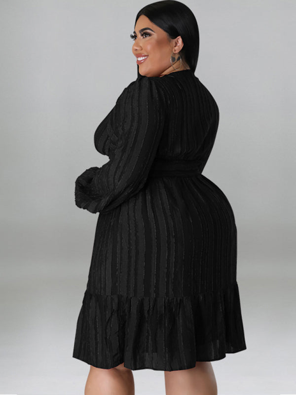 Plus Size Classic Jacquard V-Neck Sexy Long-Sleeved Mini Dress