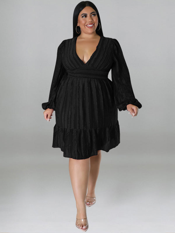 Plus Size Classic Jacquard V-Neck Sexy Long-Sleeved Mini Dress