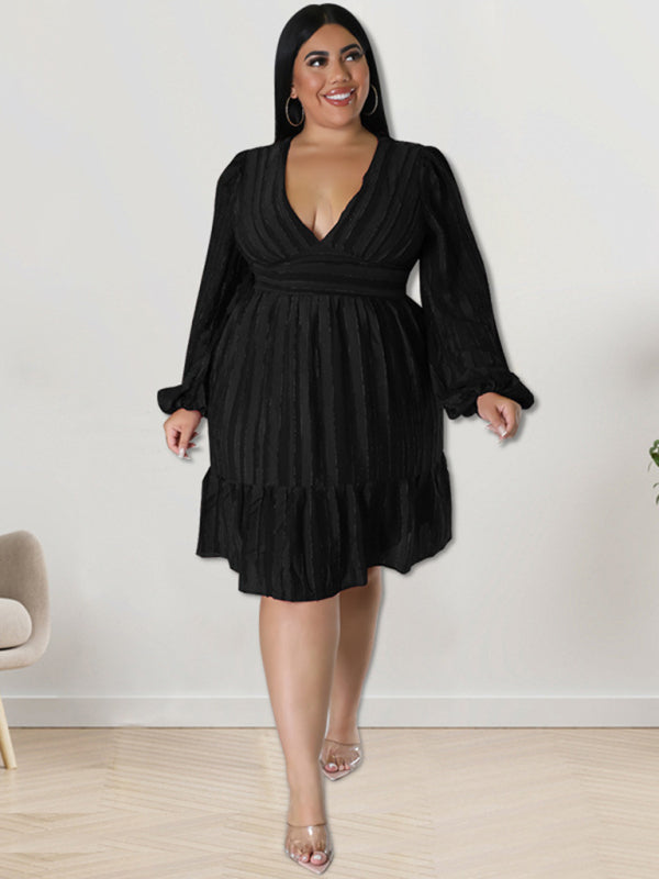 Plus Size Classic Jacquard V-Neck Sexy Long-Sleeved Mini Dress