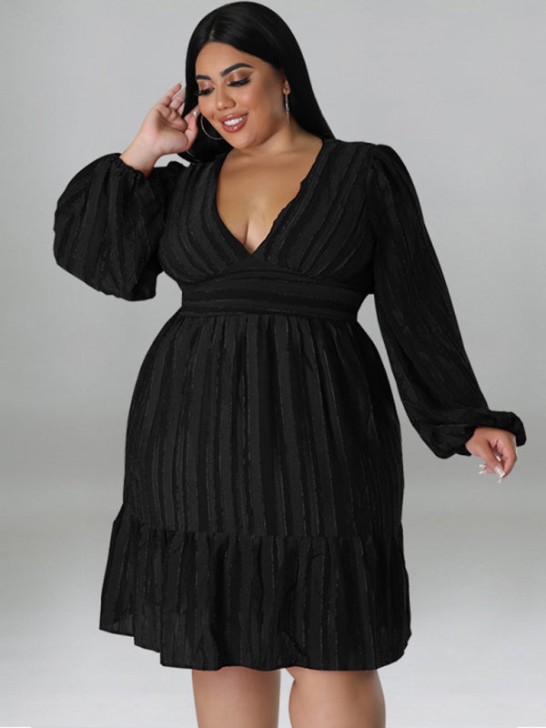 Plus Size Classic Jacquard V-Neck Sexy Long-Sleeved Mini Dress