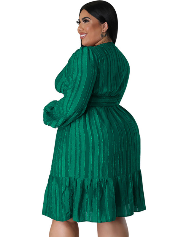 Plus Size Classic Jacquard V-Neck Sexy Long-Sleeved Mini Dress