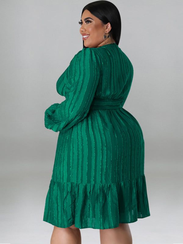 Plus Size Classic Jacquard V-Neck Sexy Long-Sleeved Mini Dress
