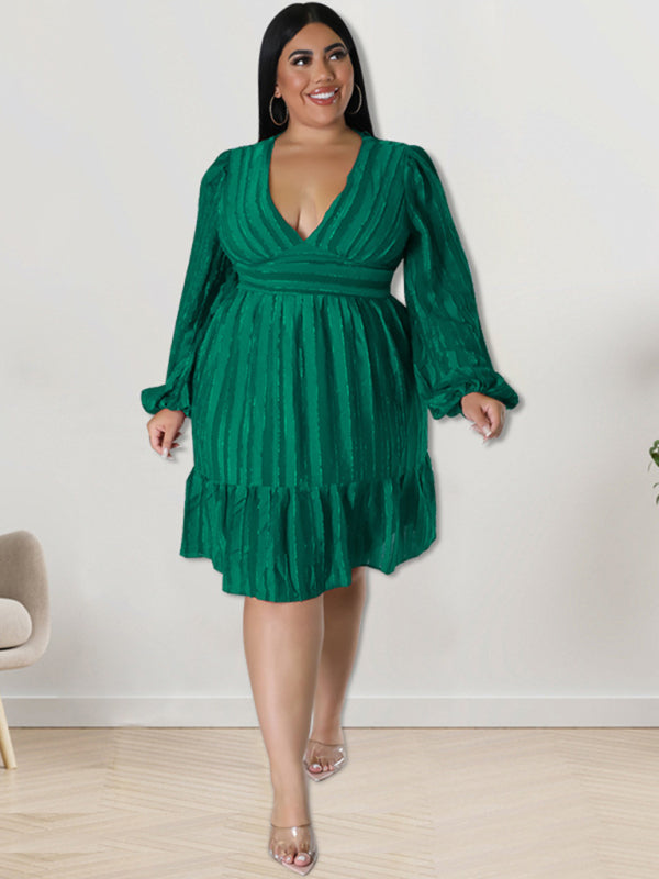 Plus Size Classic Jacquard V-Neck Sexy Long-Sleeved Mini Dress