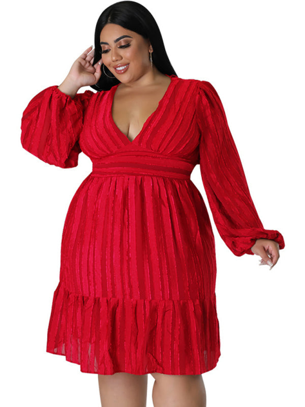 Plus Size Classic Jacquard V-Neck Sexy Long-Sleeved Mini Dress