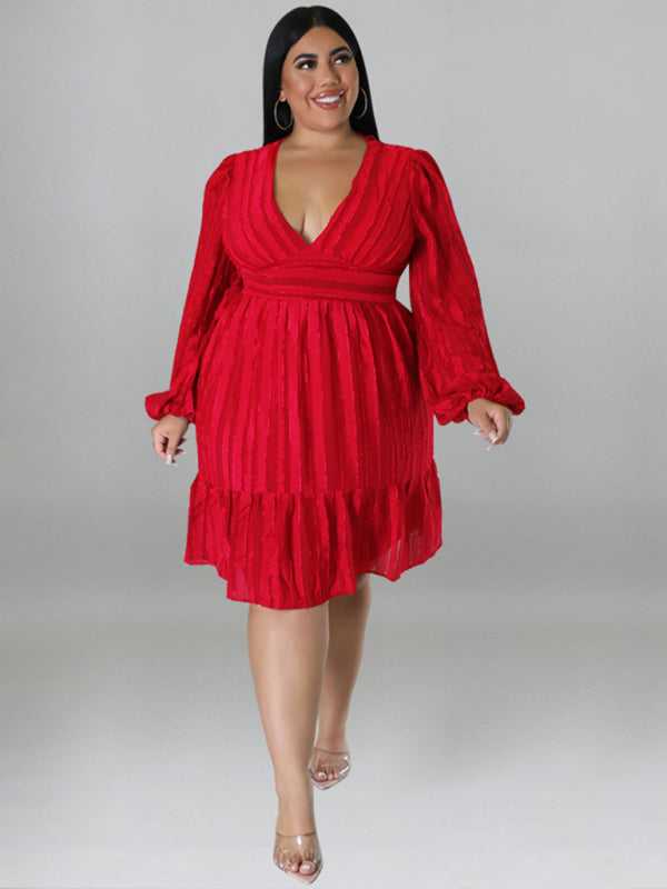 Plus Size Classic Jacquard V-Neck Sexy Long-Sleeved Mini Dress