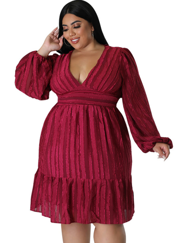 Plus Size Classic Jacquard V-Neck Sexy Long-Sleeved Mini Dress