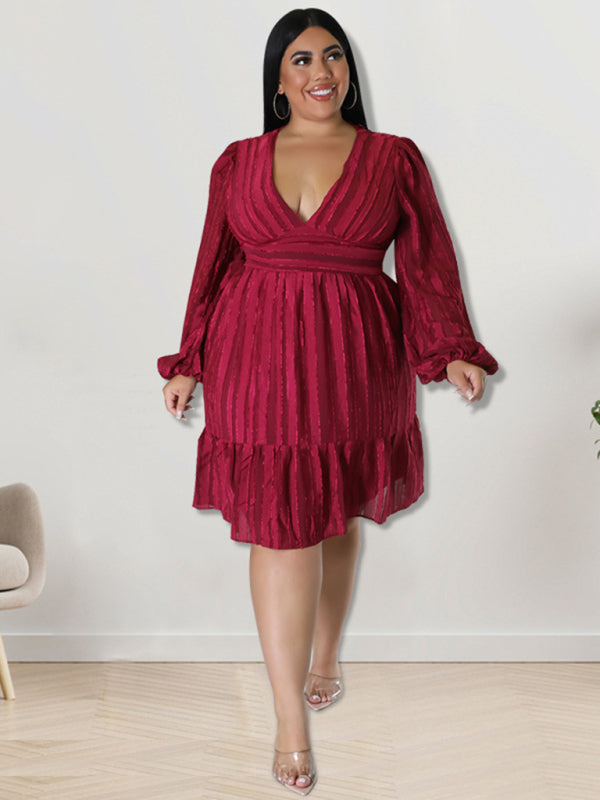 Plus Size Classic Jacquard V-Neck Sexy Long-Sleeved Mini Dress