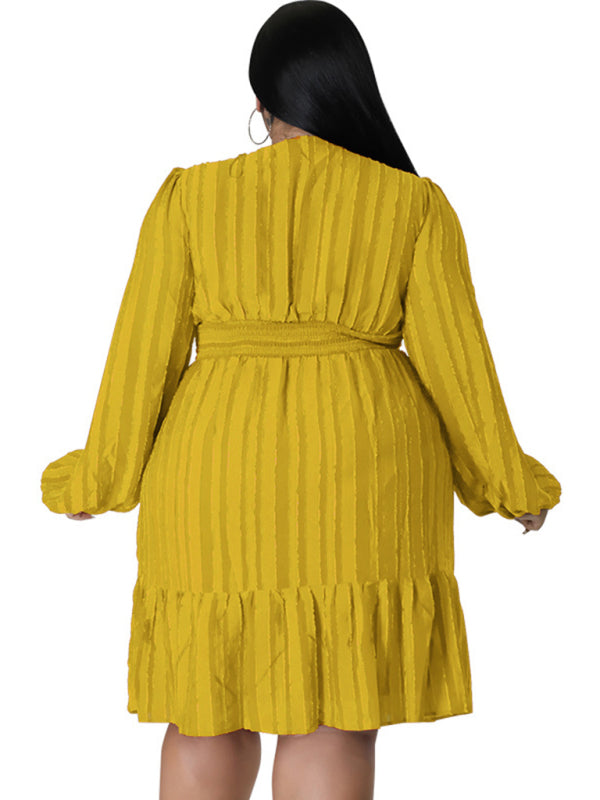 Plus Size Classic Jacquard V-Neck Sexy Long-Sleeved Mini Dress