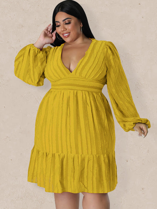 Plus Size Classic Jacquard V-Neck Sexy Long-Sleeved Mini Dress