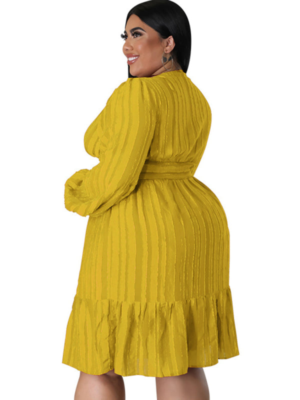 Plus Size Classic Jacquard V-Neck Sexy Long-Sleeved Mini Dress
