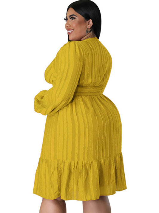 Plus Size Classic Jacquard V-Neck Sexy Long-Sleeved Mini Dress