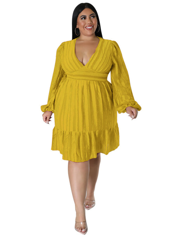 Plus Size Classic Jacquard V-Neck Sexy Long-Sleeved Mini Dress