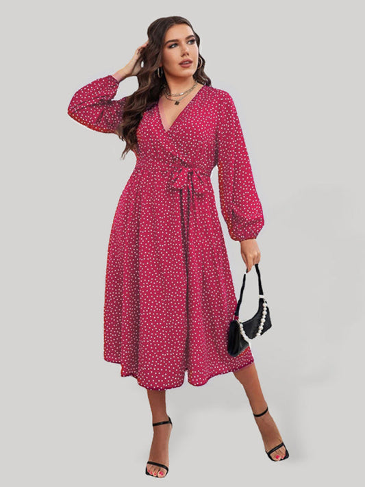 Plus Size Vintage Wrap Style Polka Dot Long Sleeve Midi Dress