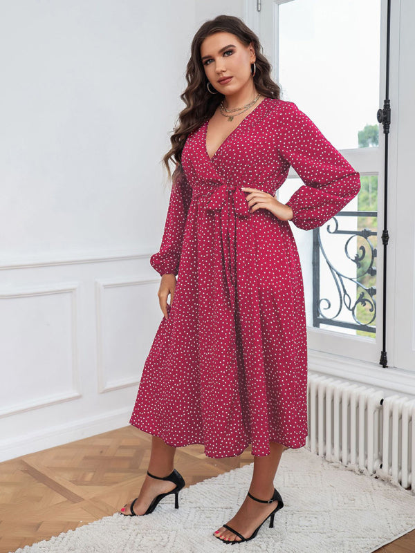 Plus Size Vintage Wrap Style Polka Dot Long Sleeve Midi Dress