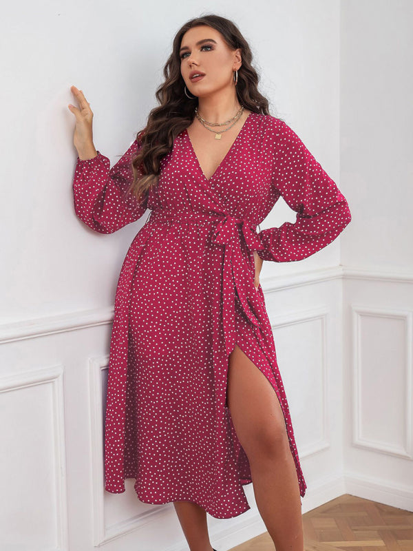 Plus Size Vintage Wrap Style Polka Dot Long Sleeve Midi Dress