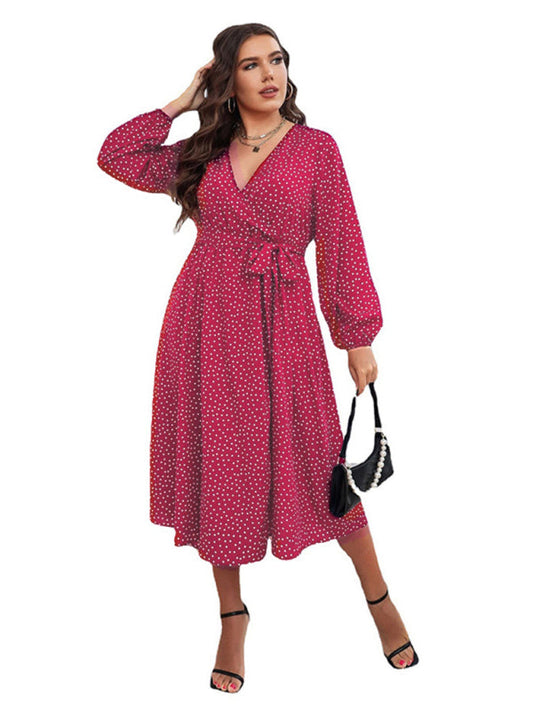 Plus Size Vintage Wrap Style Polka Dot Long Sleeve Midi Dress