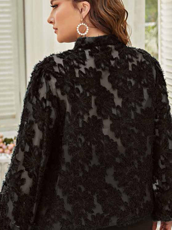 Classically Sexy Plus Size Women's Tie Bow Long Sleeve Lacy Blouse