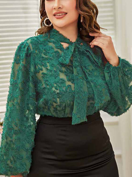 Classically Sexy Plus Size Women's Tie Bow Long Sleeve Lacy Blouse