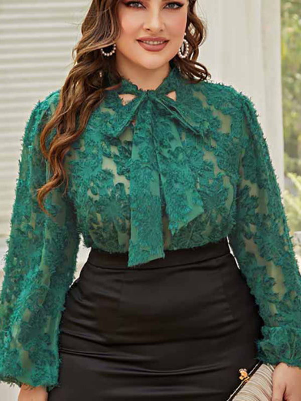 Classically Sexy Plus Size Women's Tie Bow Long Sleeve Lacy Blouse