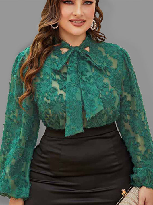 Classically Sexy Plus Size Women's Tie Bow Long Sleeve Lacy Blouse