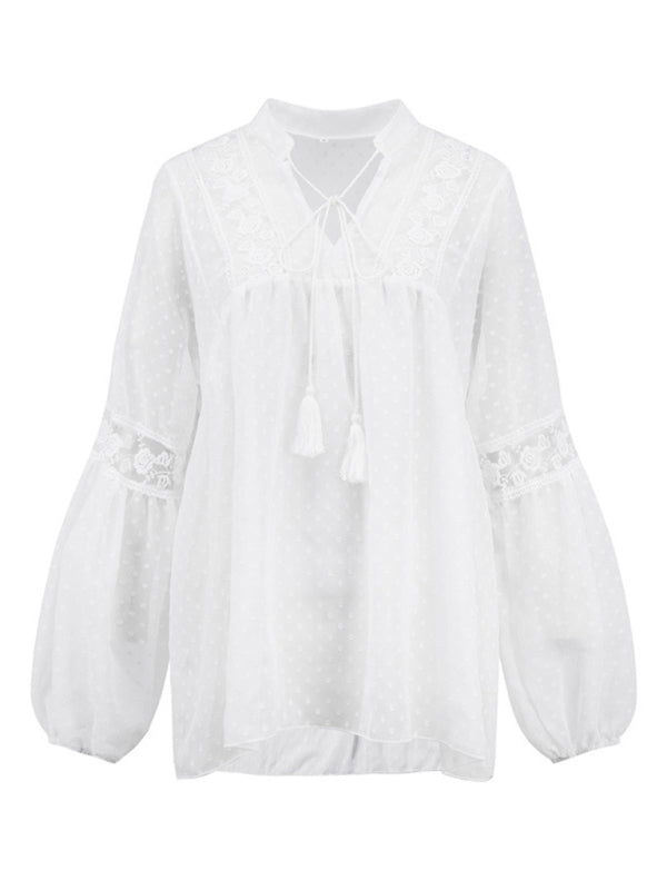 Retro Lace Women's Chiffon Balloon Sleeve Sexy See-Thru Top