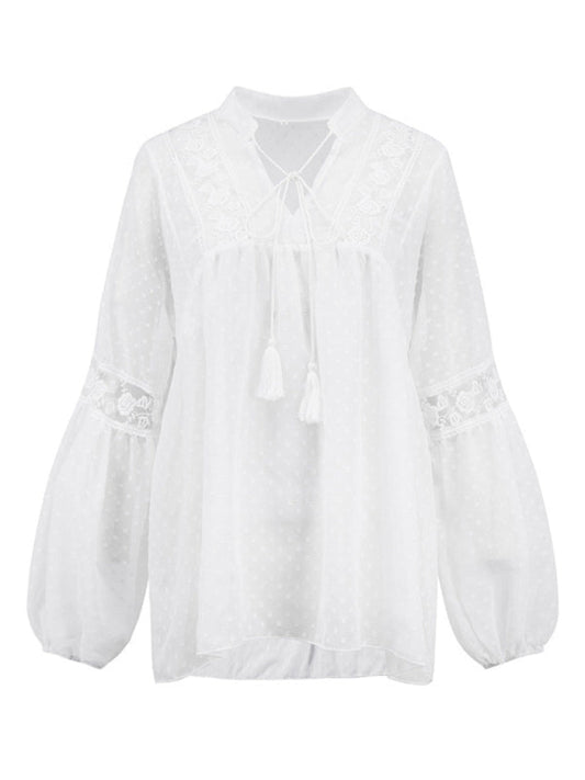 Retro Lace Women's Chiffon Balloon Sleeve Sexy See-Thru Top